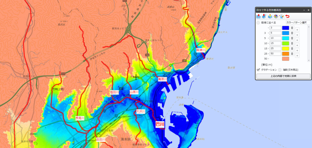 赤線が河川、濃い青が3m以下、青が5m以下を表しています。高部地区、飯田地区、入江地区が低い(青い)